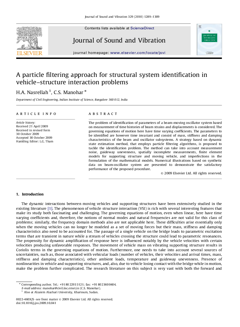 عکس صفحه اول مقاله: A particle filtering approach for structural system identification in vehicle–structure interaction problems A particle filtering approach for structural system identification in vehicle–structure interaction problems