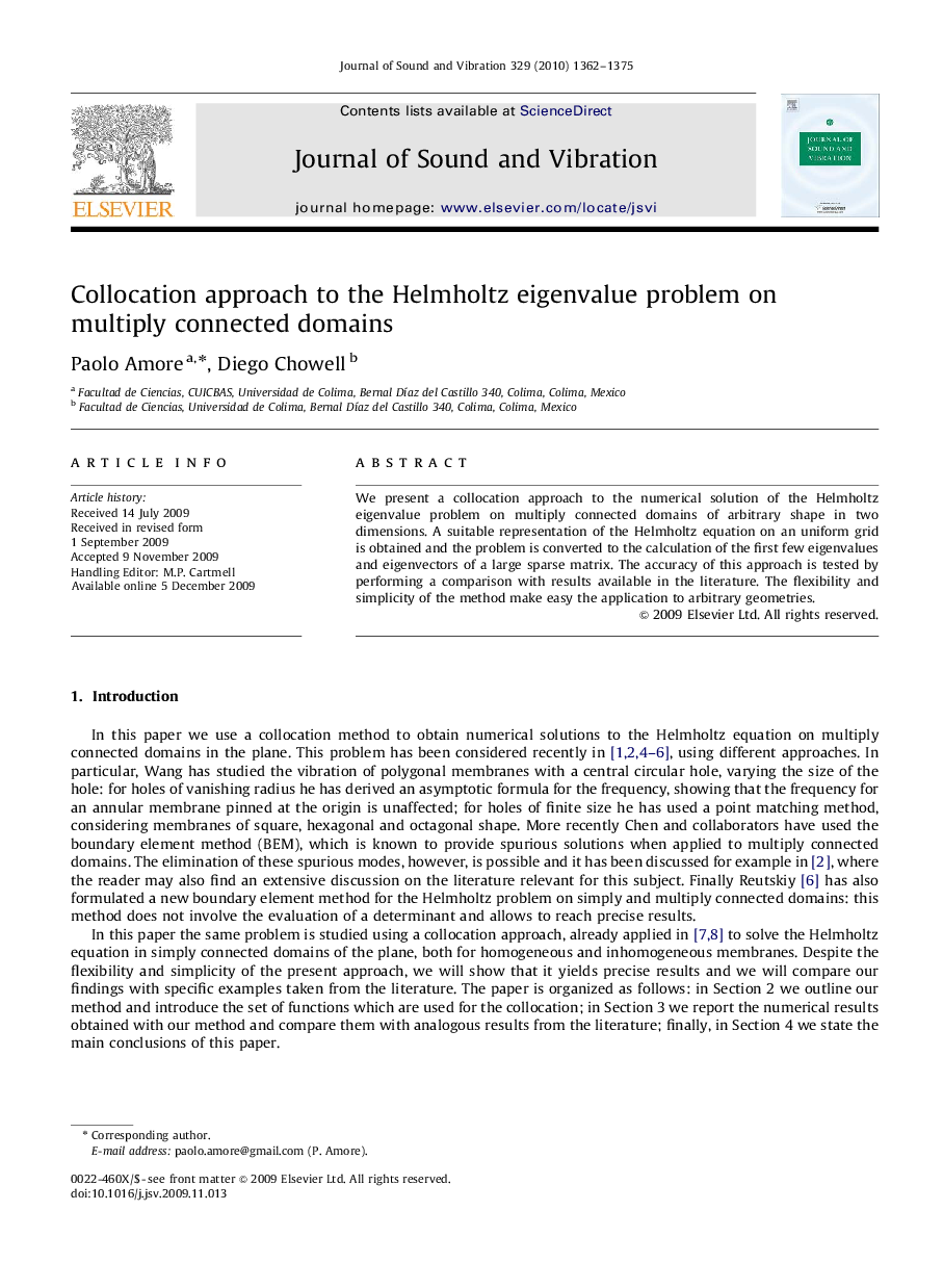 عکس صفحه اول مقاله: Collocation approach to the Helmholtz eigenvalue problem on multiply connected domains Collocation approach to the Helmholtz eigenvalue problem on multiply connected domains