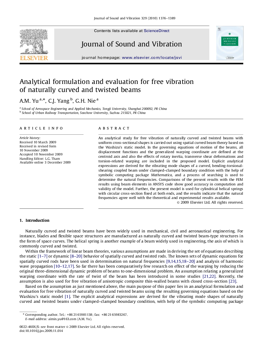 Analytical formulation and evaluation for free vibration of naturally curved and twisted beams
