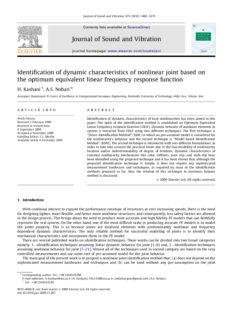 عکس صفحه اول مقاله: Identification of dynamic characteristics of nonlinear joint based on the optimum equivalent linear frequency response function Identification of dynamic characteristics of nonlinear joint based on the optimum equivalent linear frequency response function