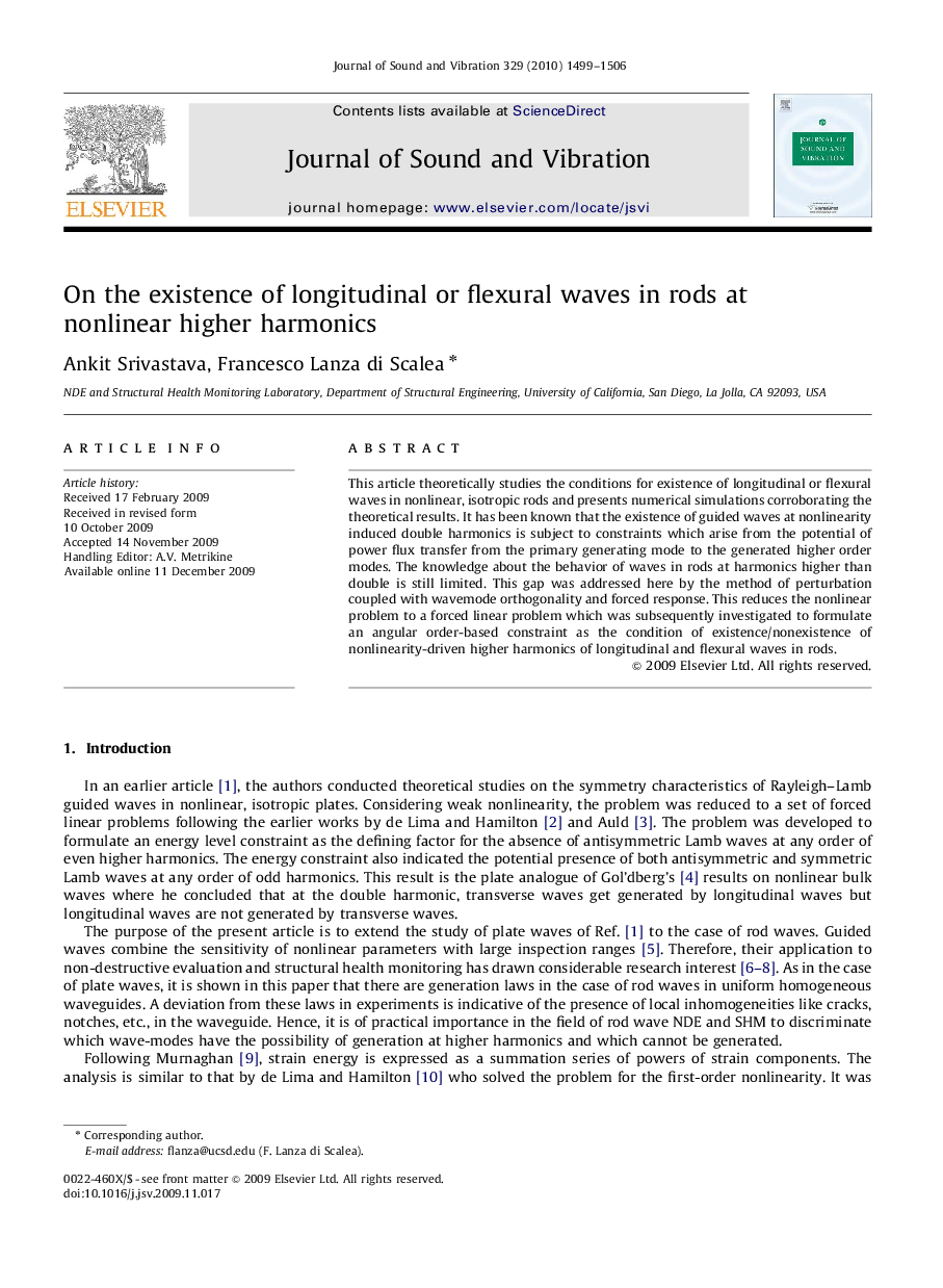 On the existence of longitudinal or flexural waves in rods at nonlinear higher harmonics