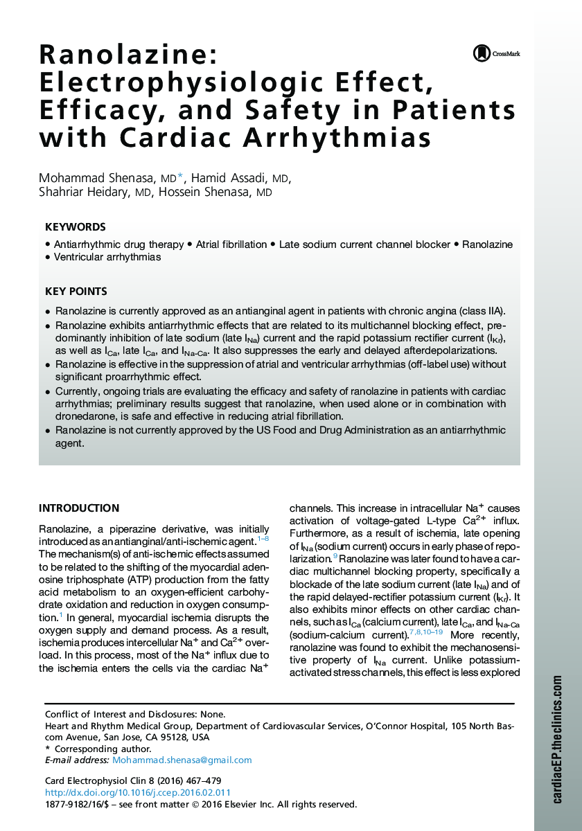 Ranolazine: Electrophysiologic Effect, Efficacy, and Safety in Patients with Cardiac Arrhythmias