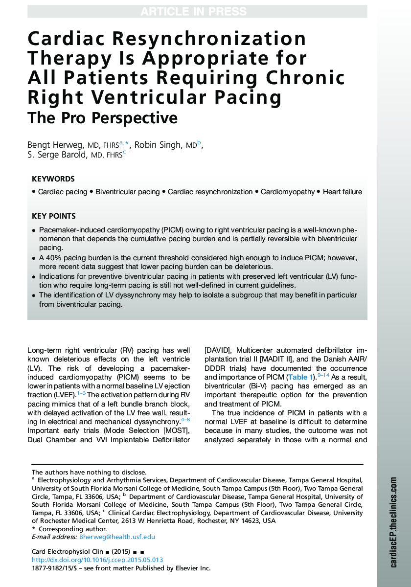 Cardiac Resynchronization Therapy Is Appropriate for All Patients Requiring Chronic Right Ventricular Pacing