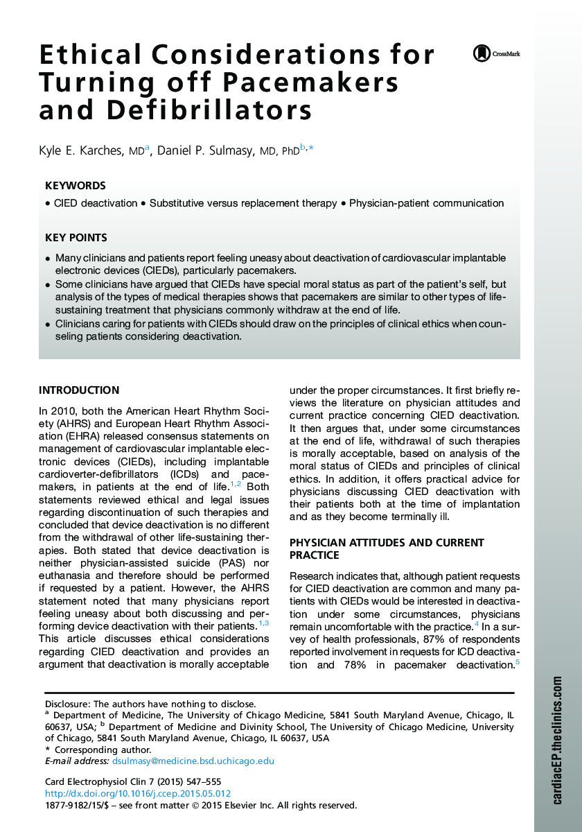 Ethical Considerations for Turning off Pacemakers and Defibrillators