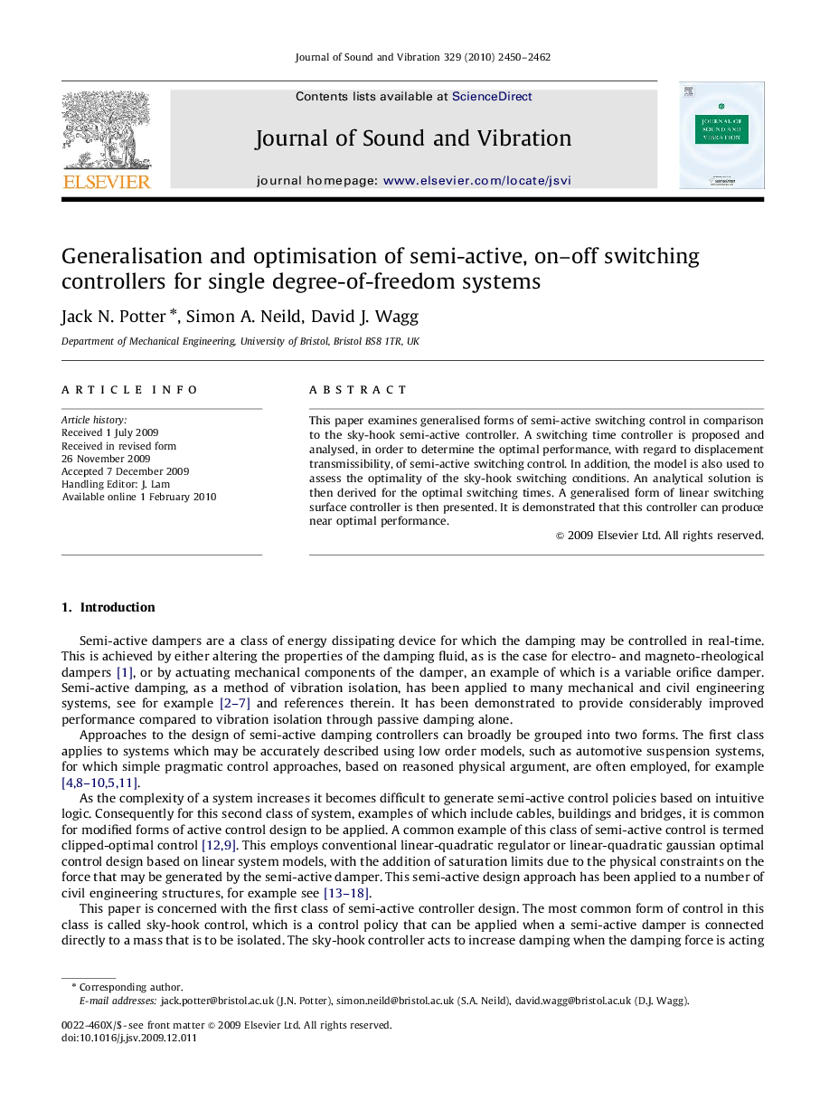 عکس صفحه اول مقاله: Generalisation and optimisation of semi-active, on–off switching controllers for single degree-of-freedom systems Generalisation and optimisation of semi-active, on–off switching controllers for single degree-of-freedom systems