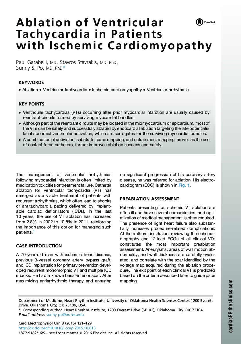 Ablation of Ventricular Tachycardia in Patients with Ischemic Cardiomyopathy