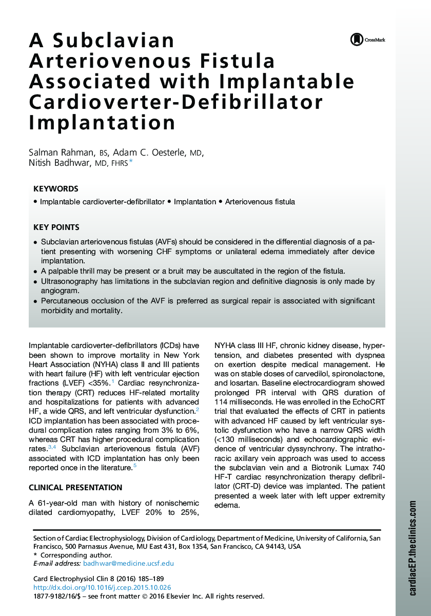 A Subclavian Arteriovenous Fistula Associated with Implantable Cardioverter-Defibrillator Implantation