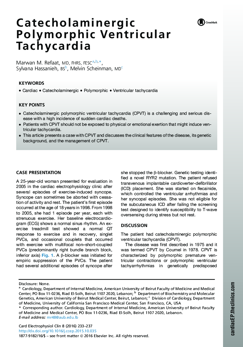 Catecholaminergic Polymorphic Ventricular Tachycardia