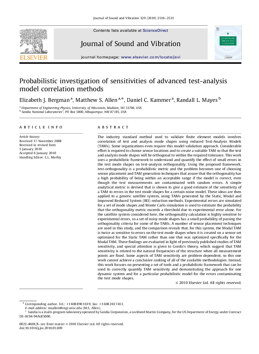 عکس صفحه اول مقاله: Probabilistic investigation of sensitivities of advanced test-analysis model correlation methods Probabilistic investigation of sensitivities of advanced test-analysis model correlation methods