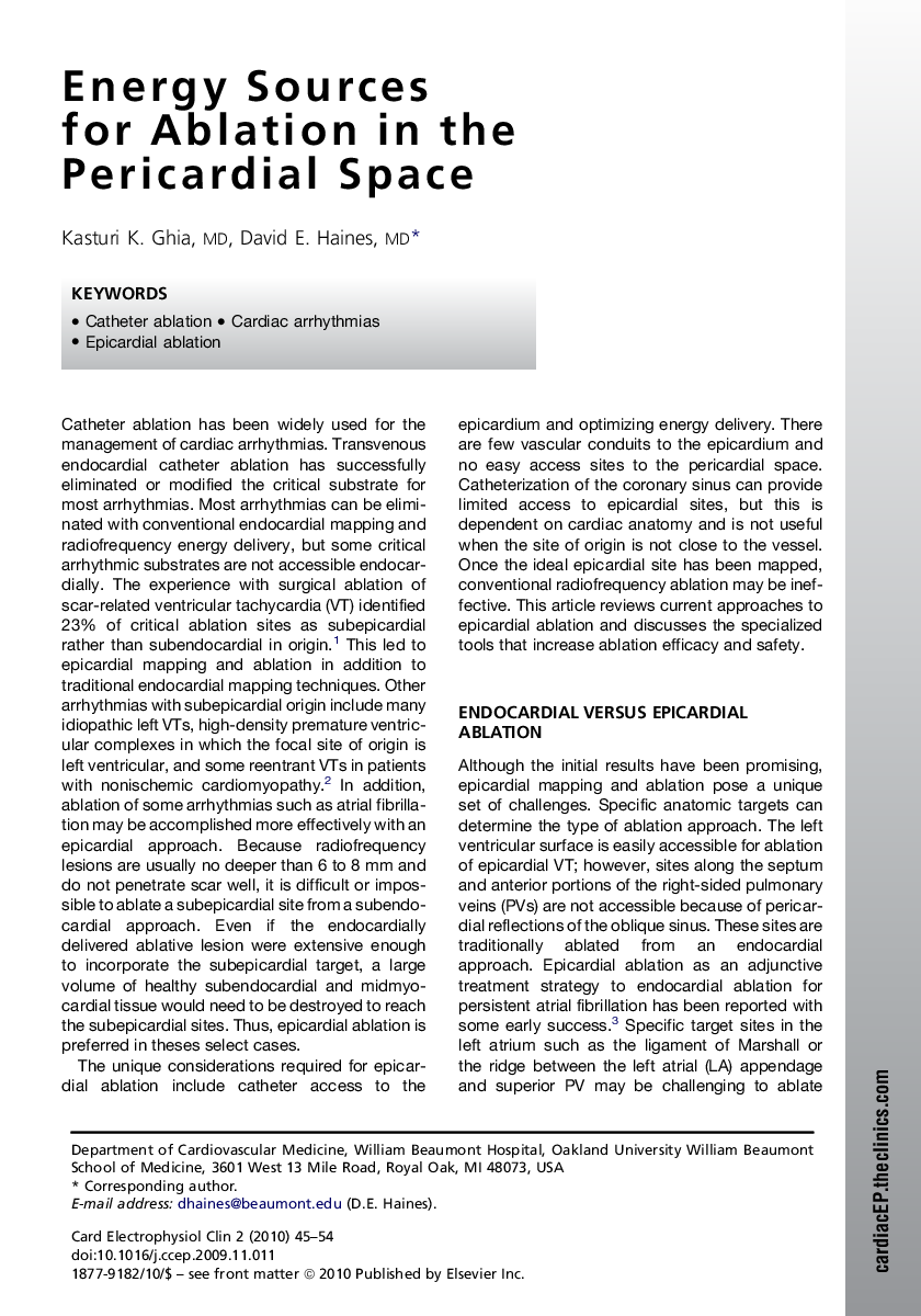 Energy Sources for Ablation in the Pericardial Space