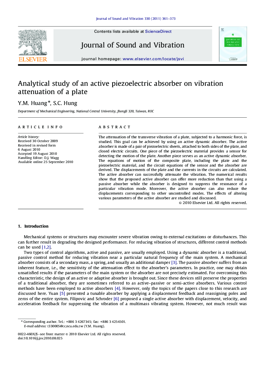 Analytical study of an active piezoelectric absorber on vibration attenuation of a plate