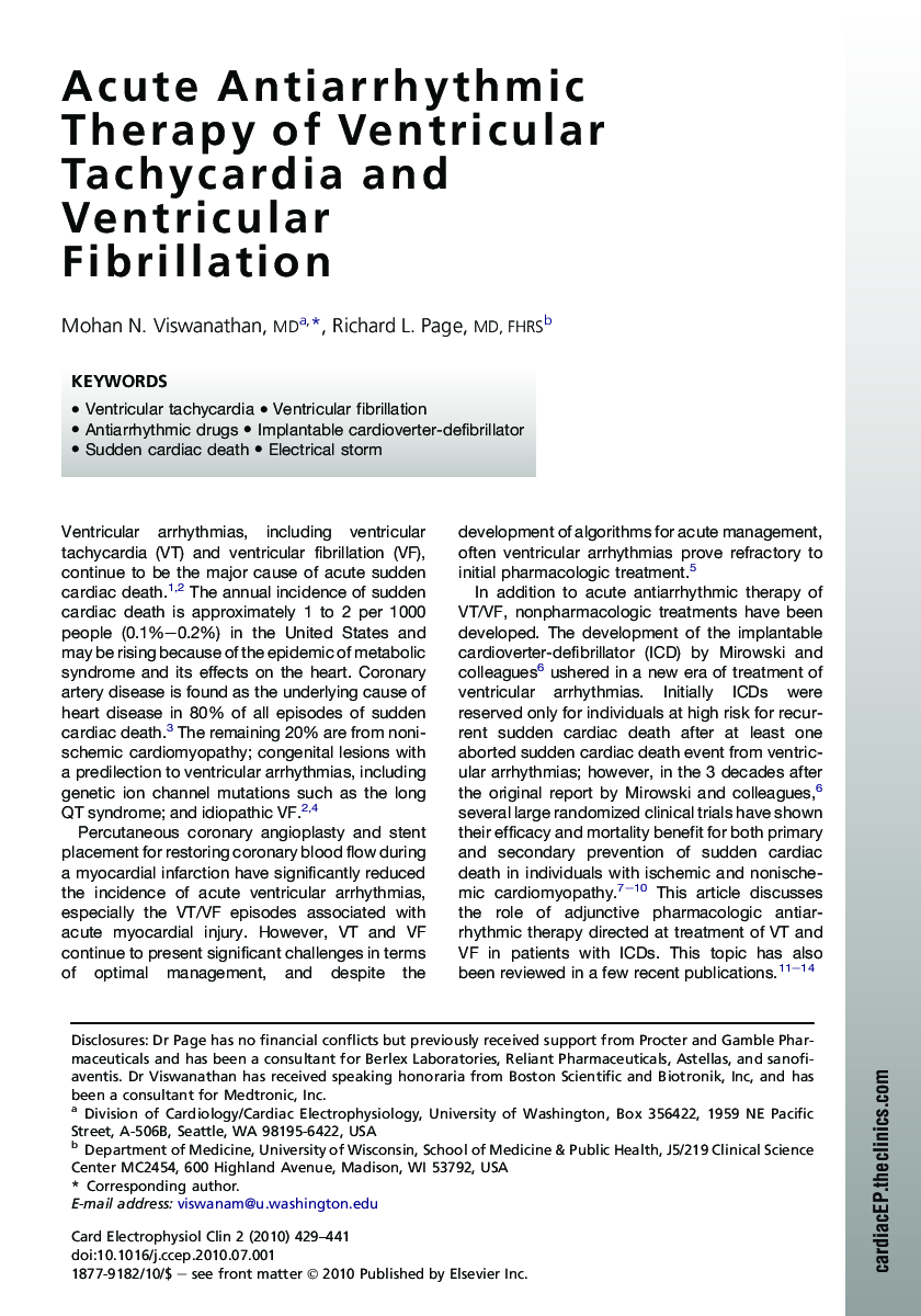 Acute Antiarrhythmic Therapy of Ventricular Tachycardia and Ventricular Fibrillation