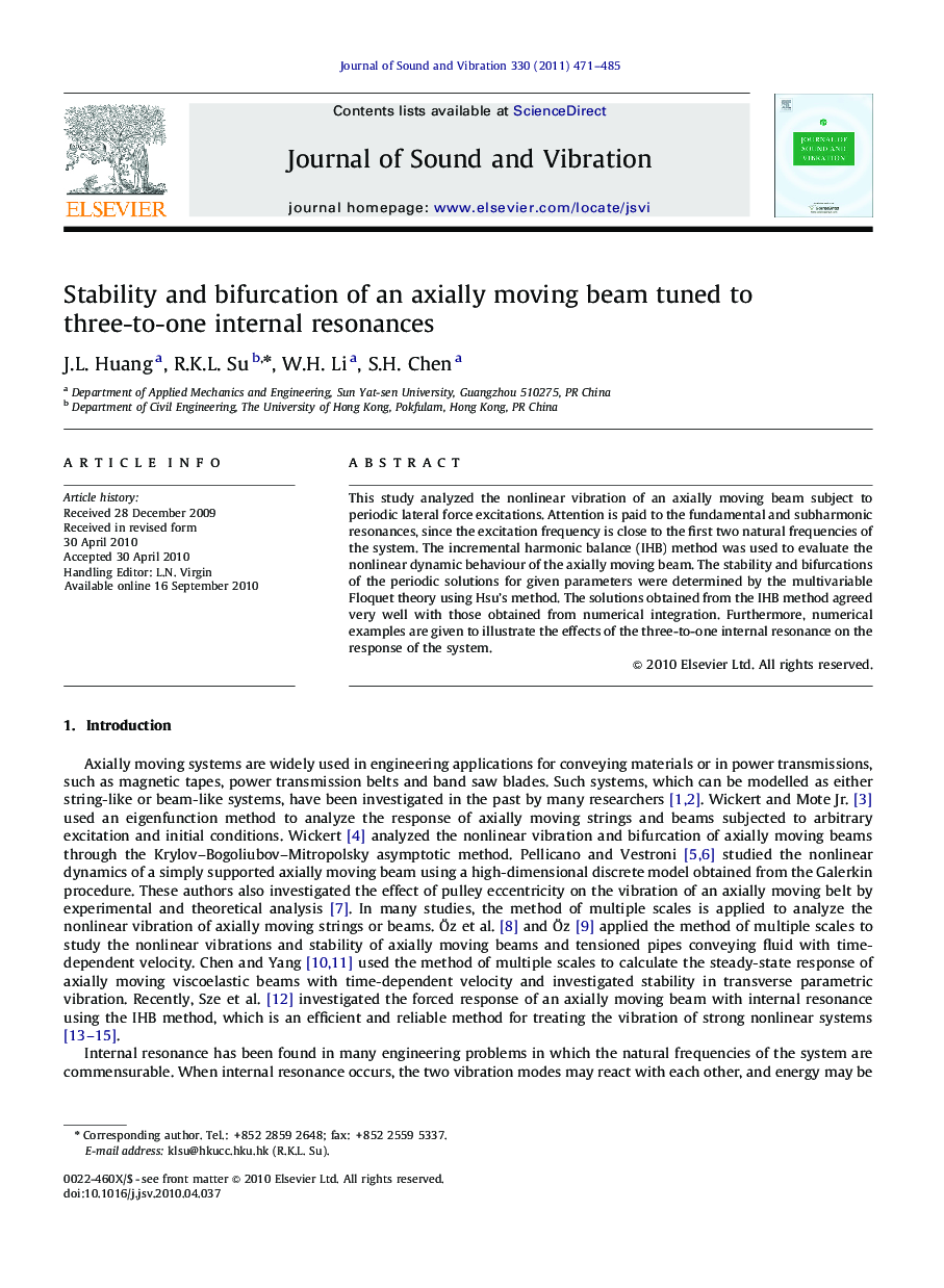 Stability and bifurcation of an axially moving beam tuned to three-to-one internal resonances