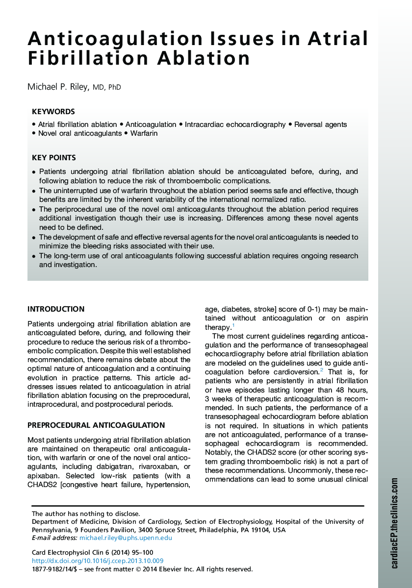 Anticoagulation Issues in Atrial Fibrillation Ablation