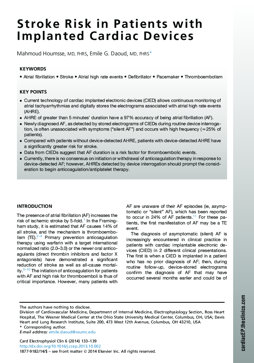 Stroke Risk in Patients with Implanted Cardiac Devices