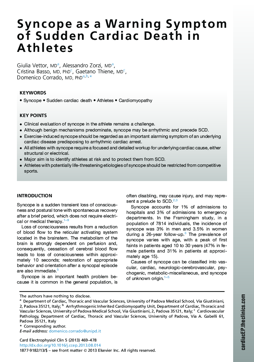 Syncope as a Warning Symptom of Sudden Cardiac Death in Athletes