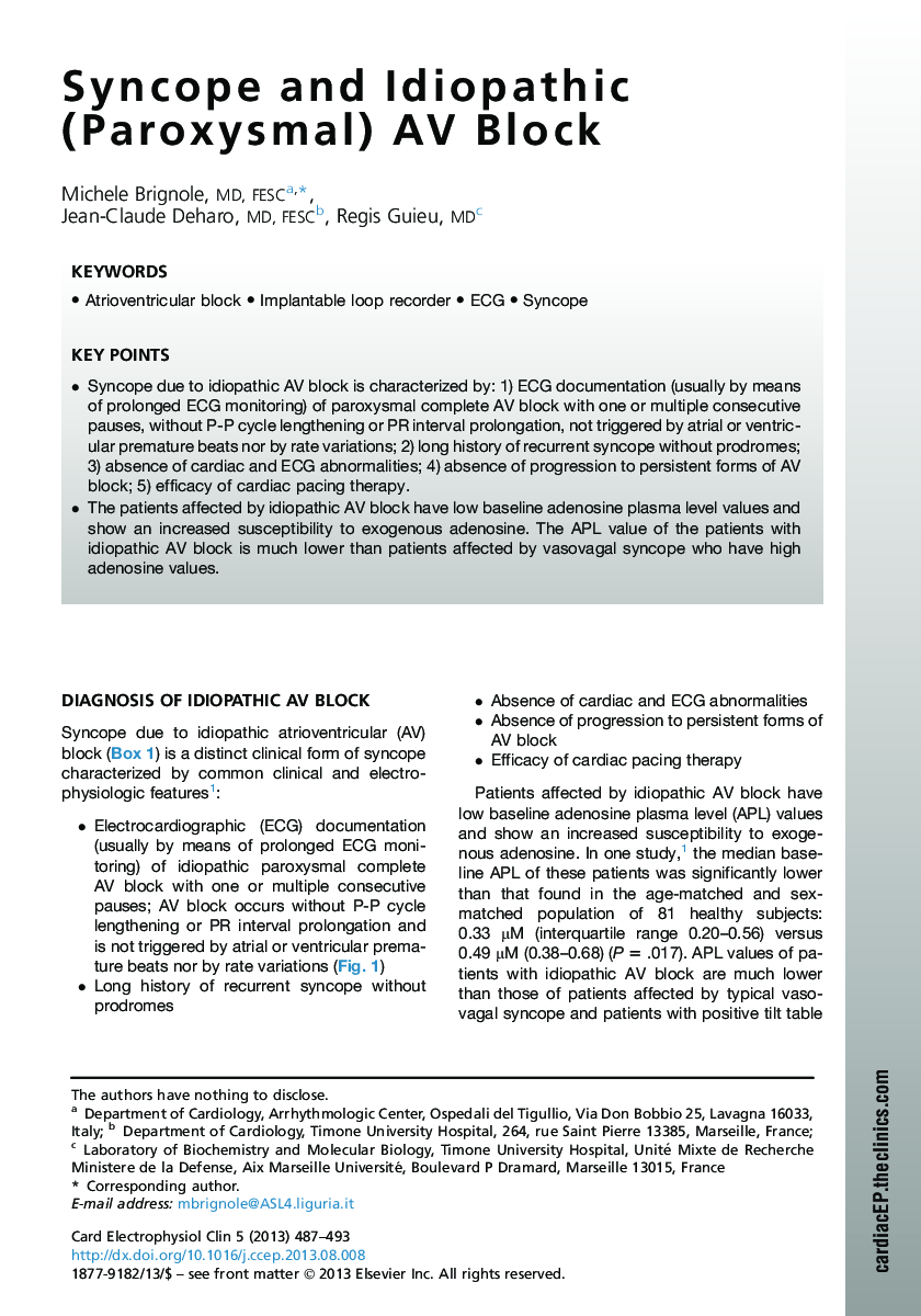 Syncope and Idiopathic (Paroxysmal) AV Block