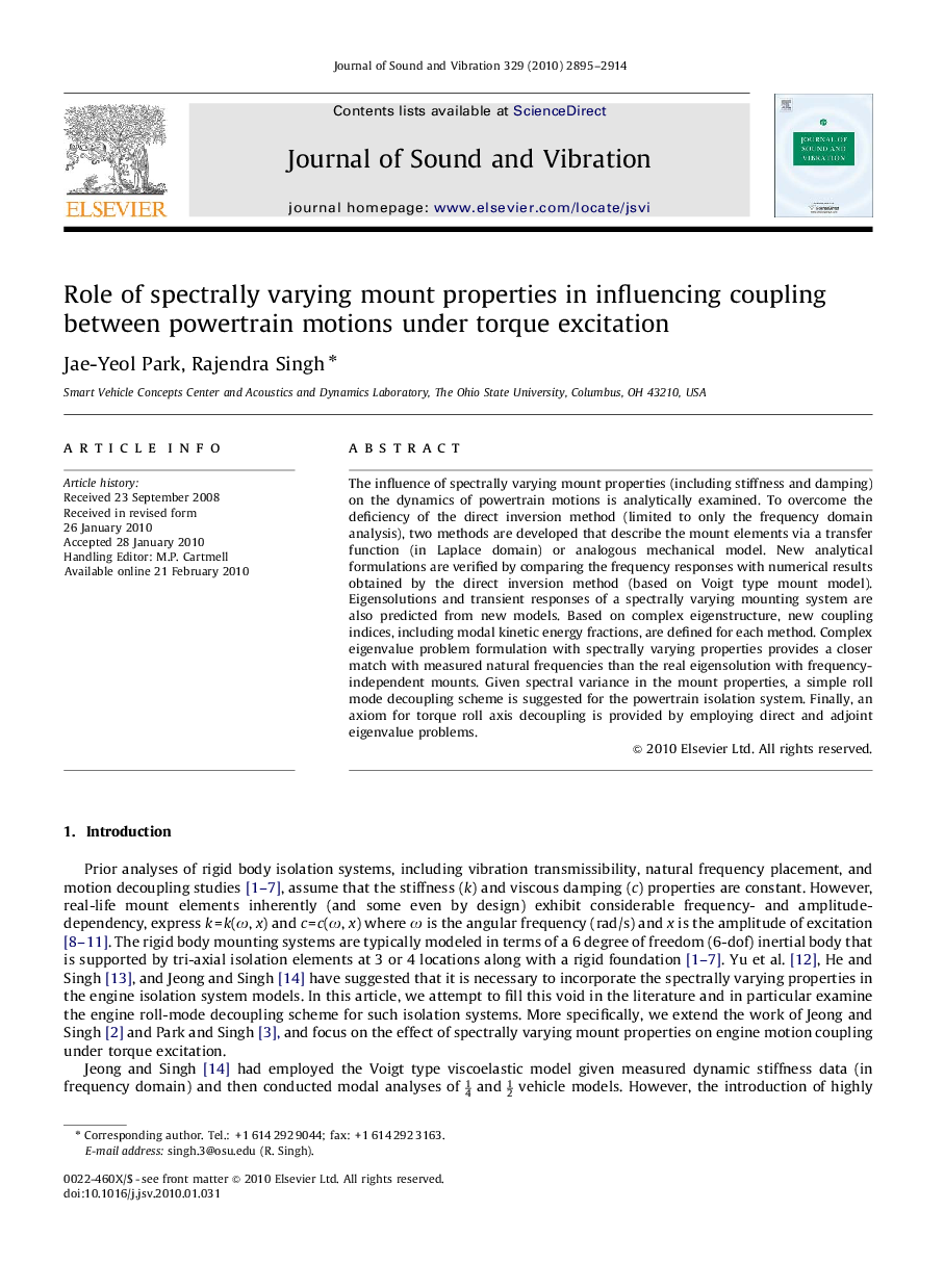 عکس صفحه اول مقاله: Role of spectrally varying mount properties in influencing coupling between powertrain motions under torque excitation Role of spectrally varying mount properties in influencing coupling between powertrain motions under torque excitation