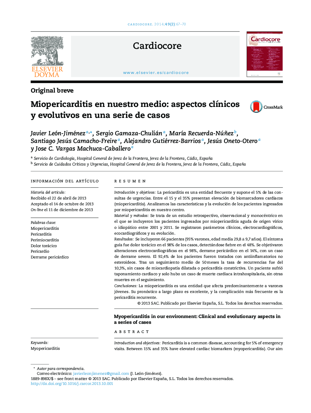 Miopericarditis en nuestro medio: aspectos clínicos y evolutivos en una serie de casos