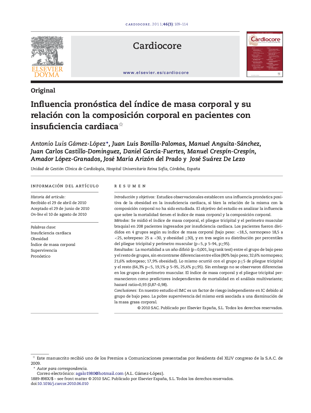 Influencia pronóstica del índice de masa corporal y su relación con la composición corporal en pacientes con insuficiencia cardiaca 