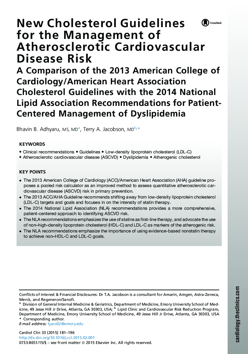 New Cholesterol Guidelines for the Management of Atherosclerotic Cardiovascular Disease Risk