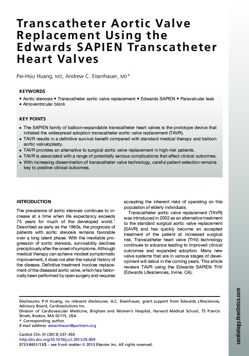 Transcatheter Aortic Valve Replacement Using the Edwards SAPIEN Transcatheter Heart Valves