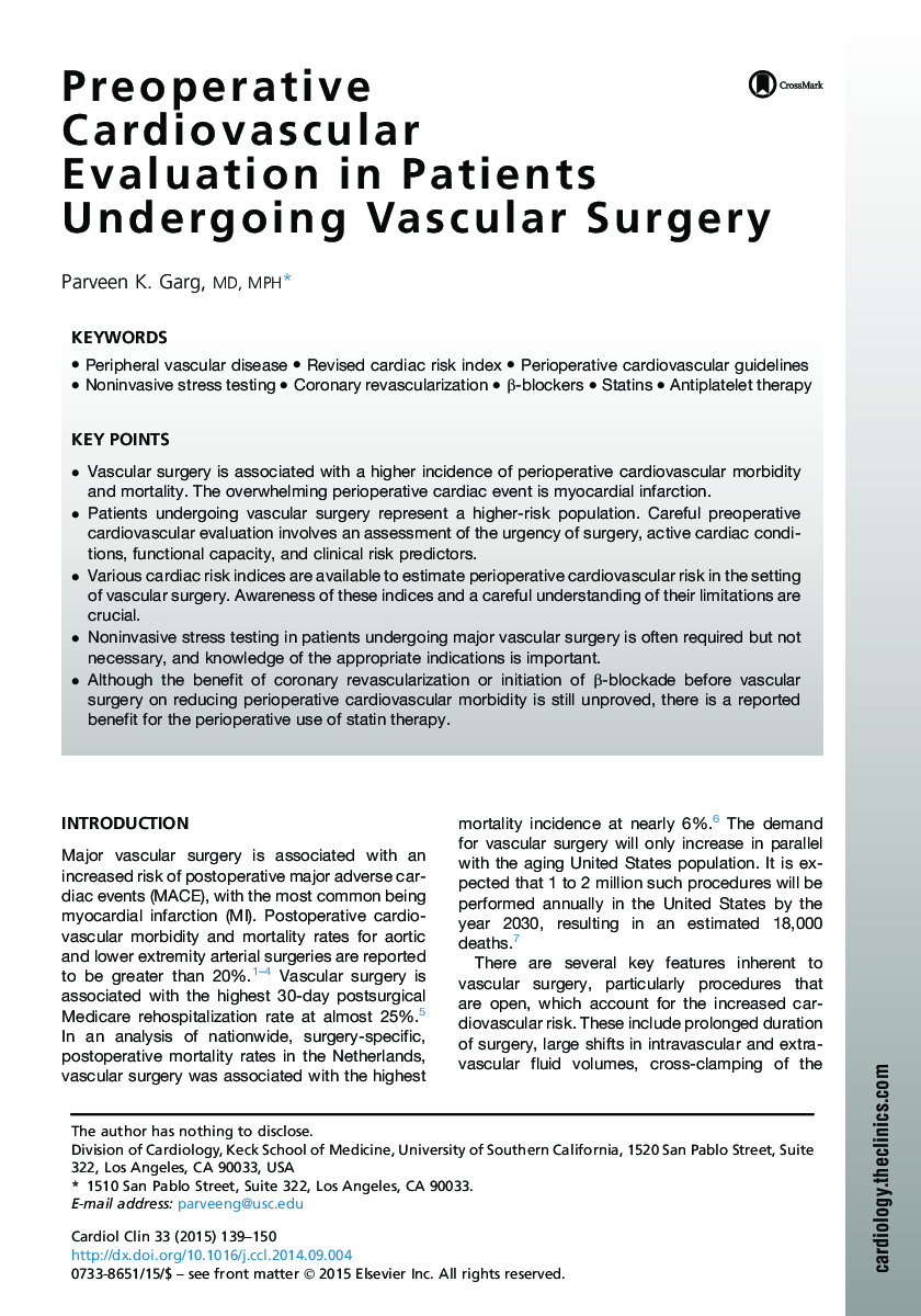 Preoperative Cardiovascular Evaluation in Patients Undergoing Vascular Surgery