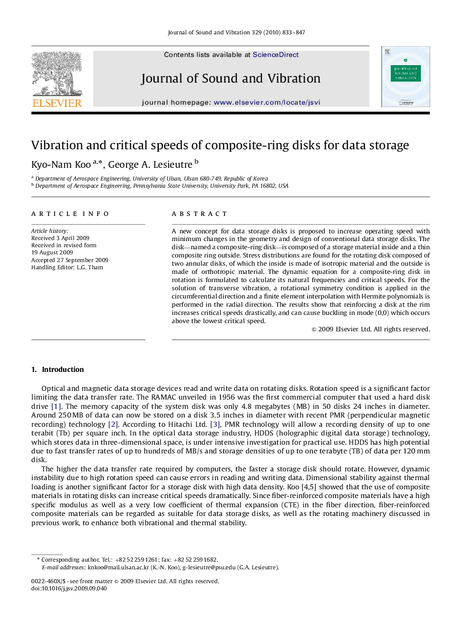 Vibration and critical speeds of composite-ring disks for data storage