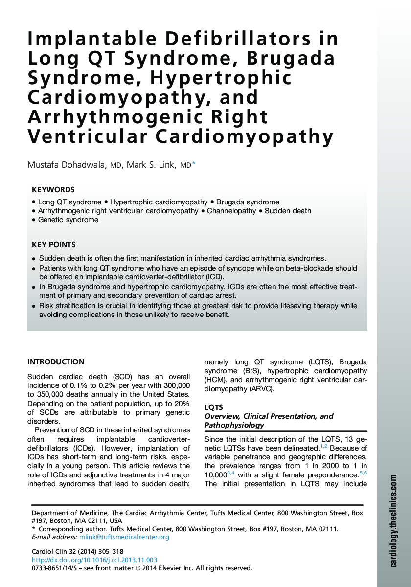 Implantable Defibrillators in Long QT Syndrome, Brugada Syndrome, Hypertrophic Cardiomyopathy, and Arrhythmogenic Right Ventricular Cardiomyopathy