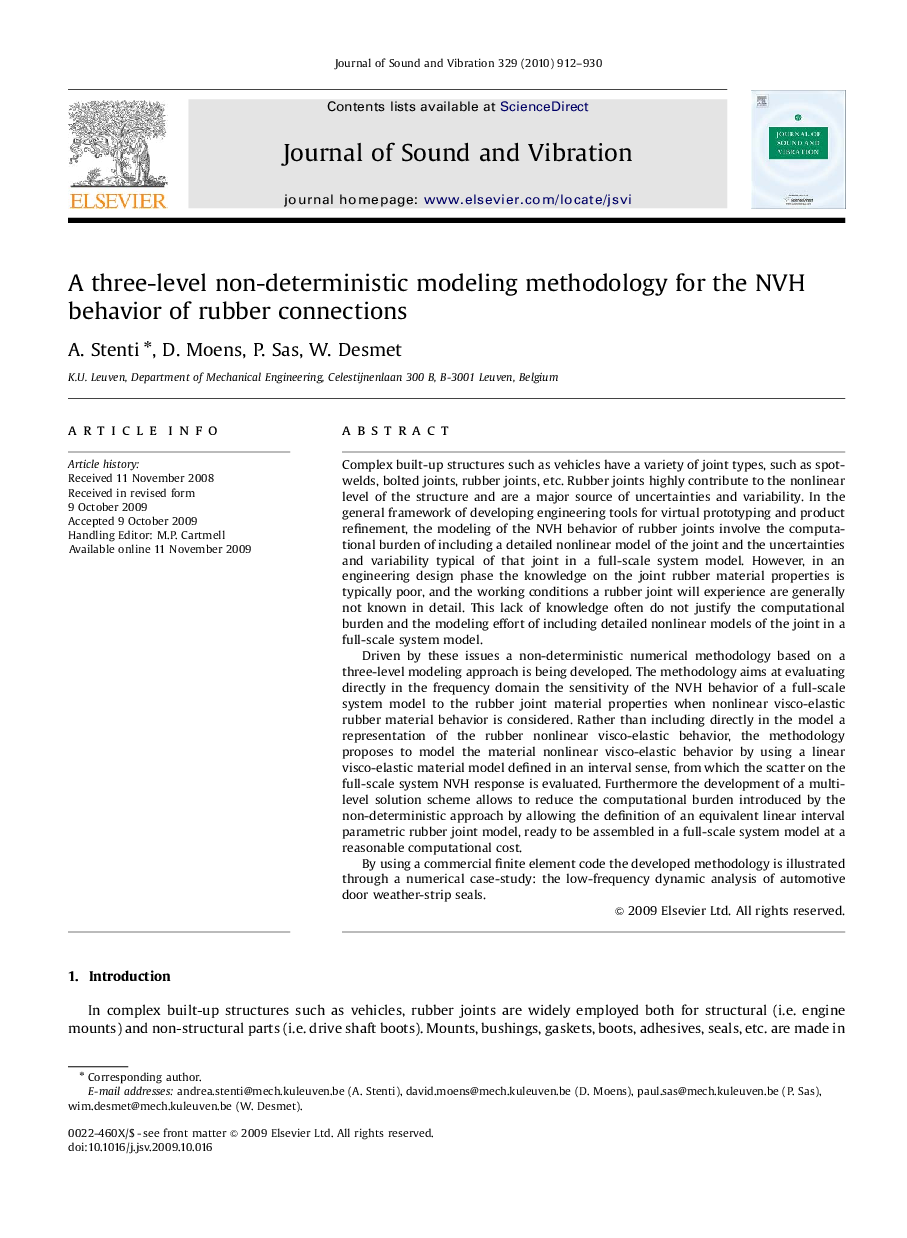عکس صفحه اول مقاله: A three-level non-deterministic modeling methodology for the NVH behavior of rubber connections A three-level non-deterministic modeling methodology for the NVH behavior of rubber connections