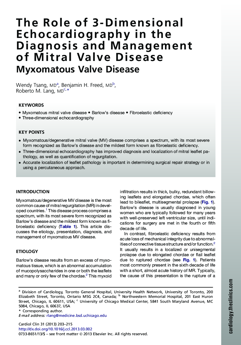 The Role of 3-Dimensional Echocardiography in the Diagnosis and Management ofÂ Mitral Valve Disease