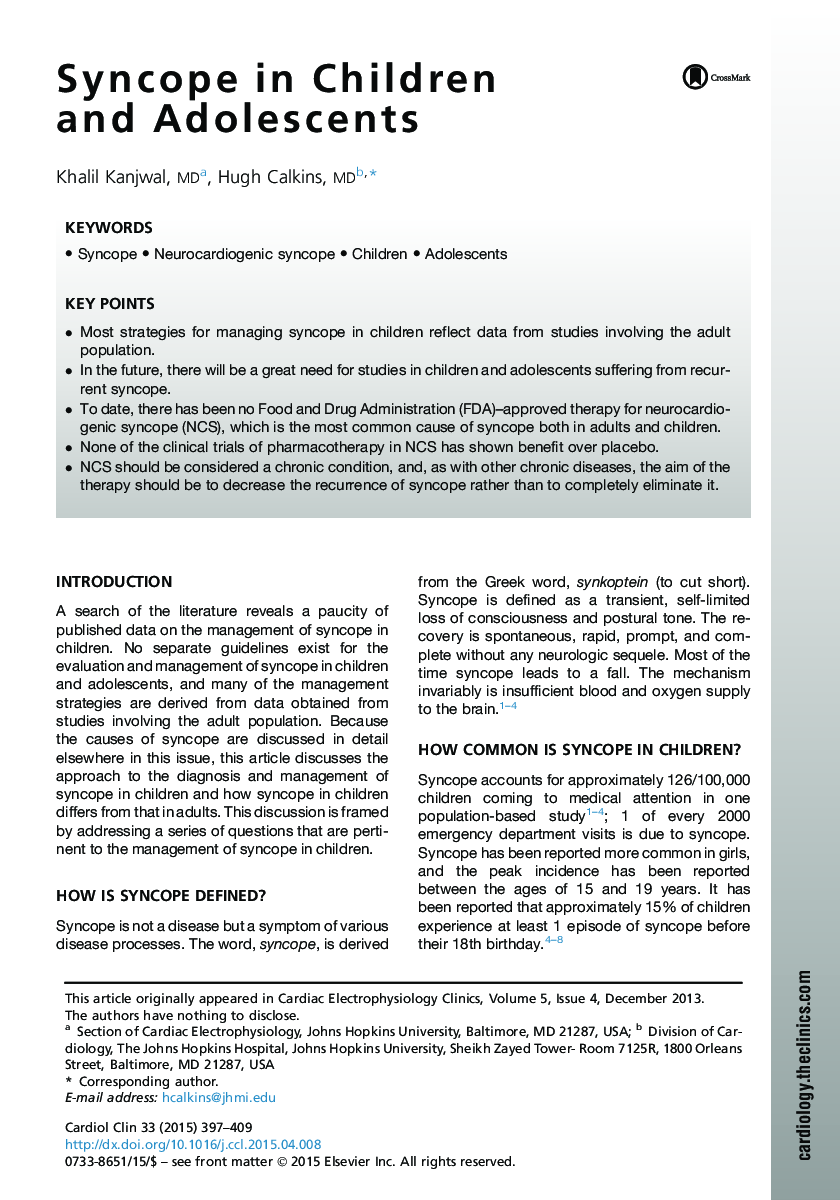 Syncope in Children and Adolescents