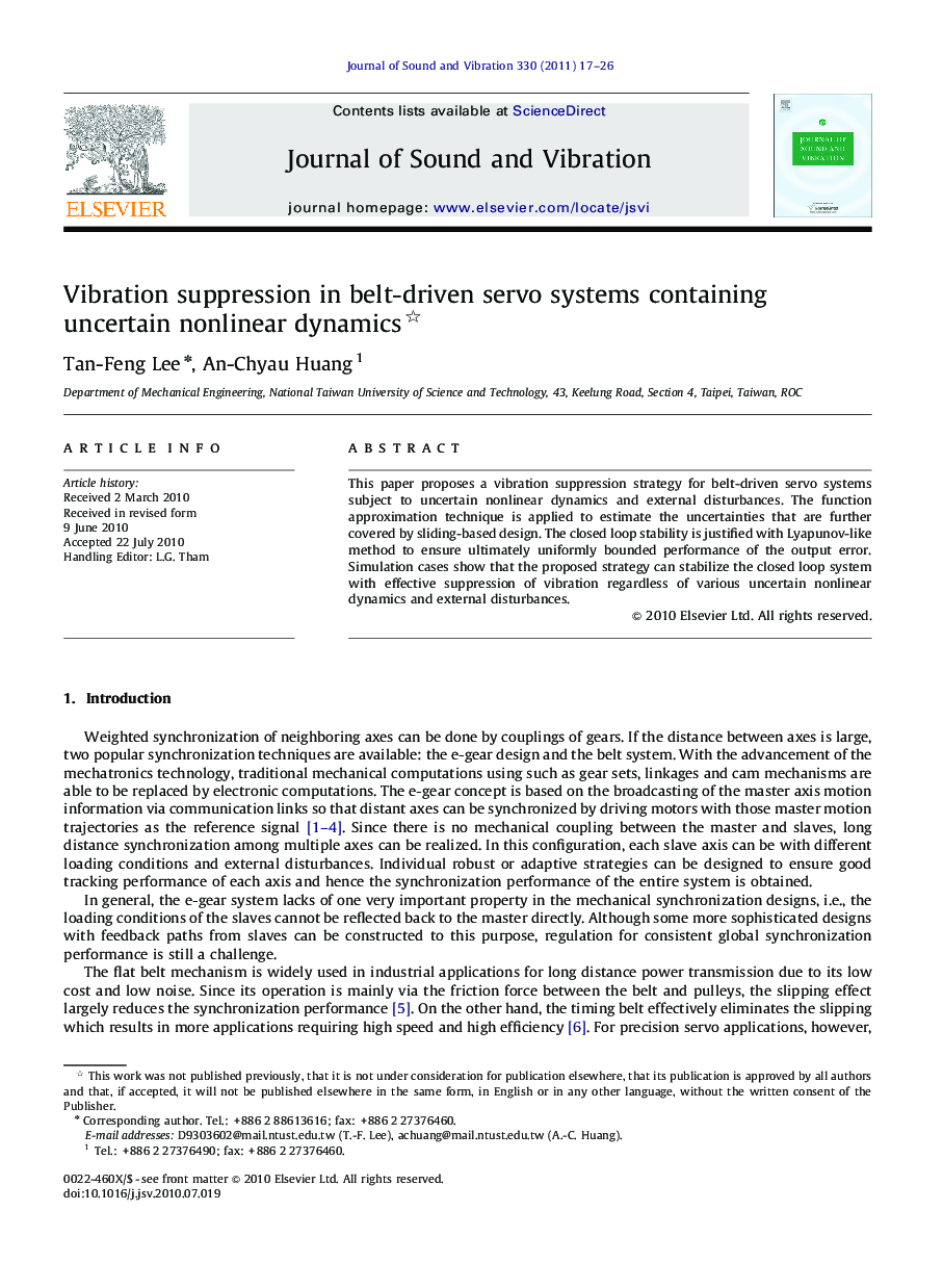 Vibration suppression in belt-driven servo systems containing uncertain nonlinear dynamics 