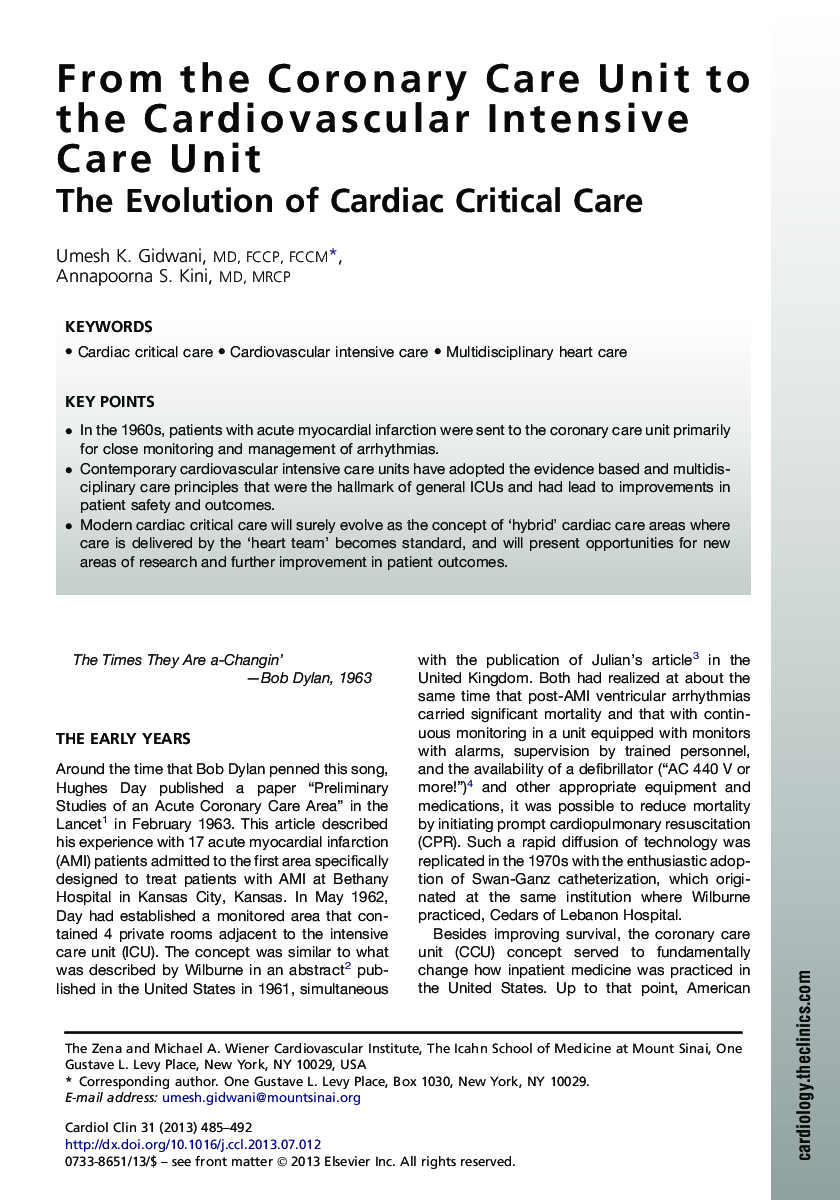 From the Coronary Care Unit to the Cardiovascular Intensive Care Unit