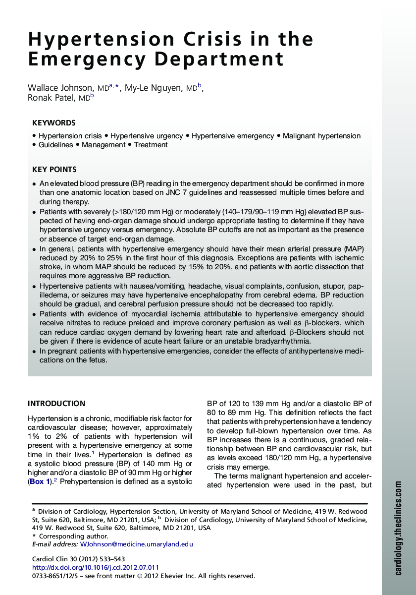 Hypertension Crisis in the Emergency Department