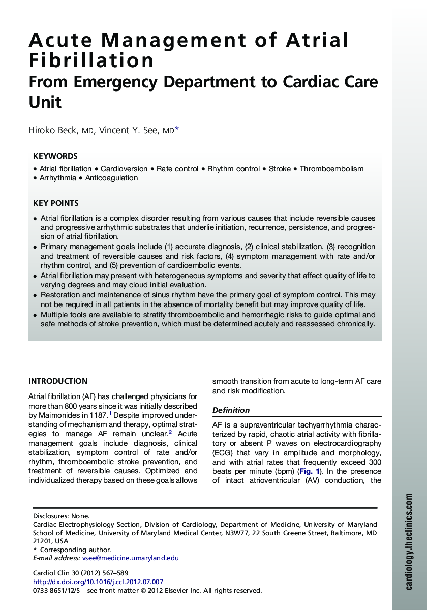 Acute Management of Atrial Fibrillation