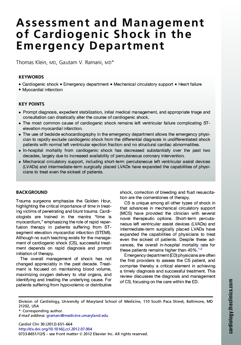 Assessment and Management of Cardiogenic Shock in the Emergency Department