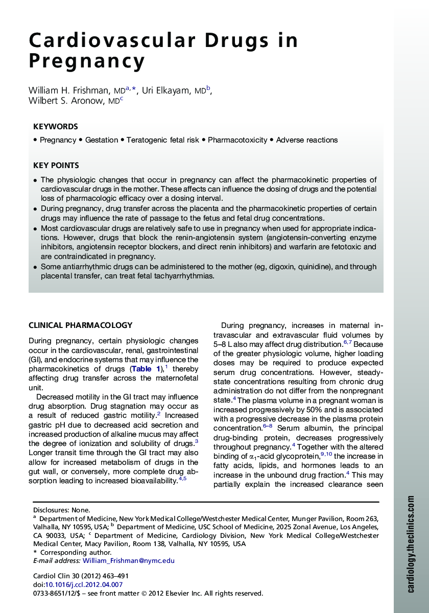 Cardiovascular Drugs in Pregnancy