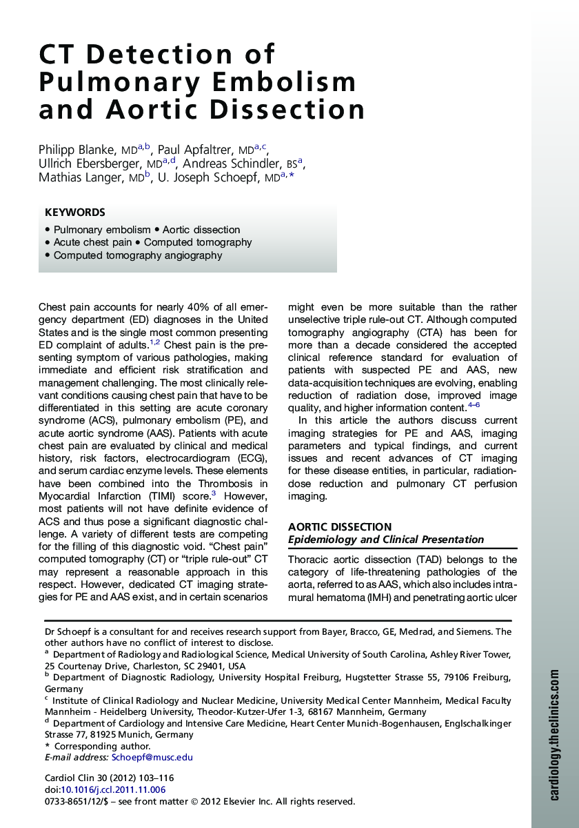 CT Detection of Pulmonary Embolism and Aortic Dissection