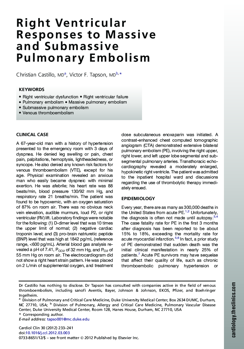 Right Ventricular Responses to Massive and Submassive Pulmonary Embolism