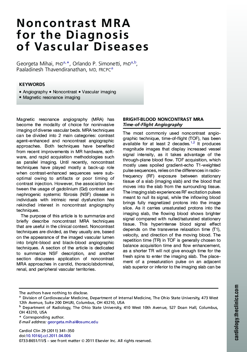 Noncontrast MRA for the Diagnosis of Vascular Diseases