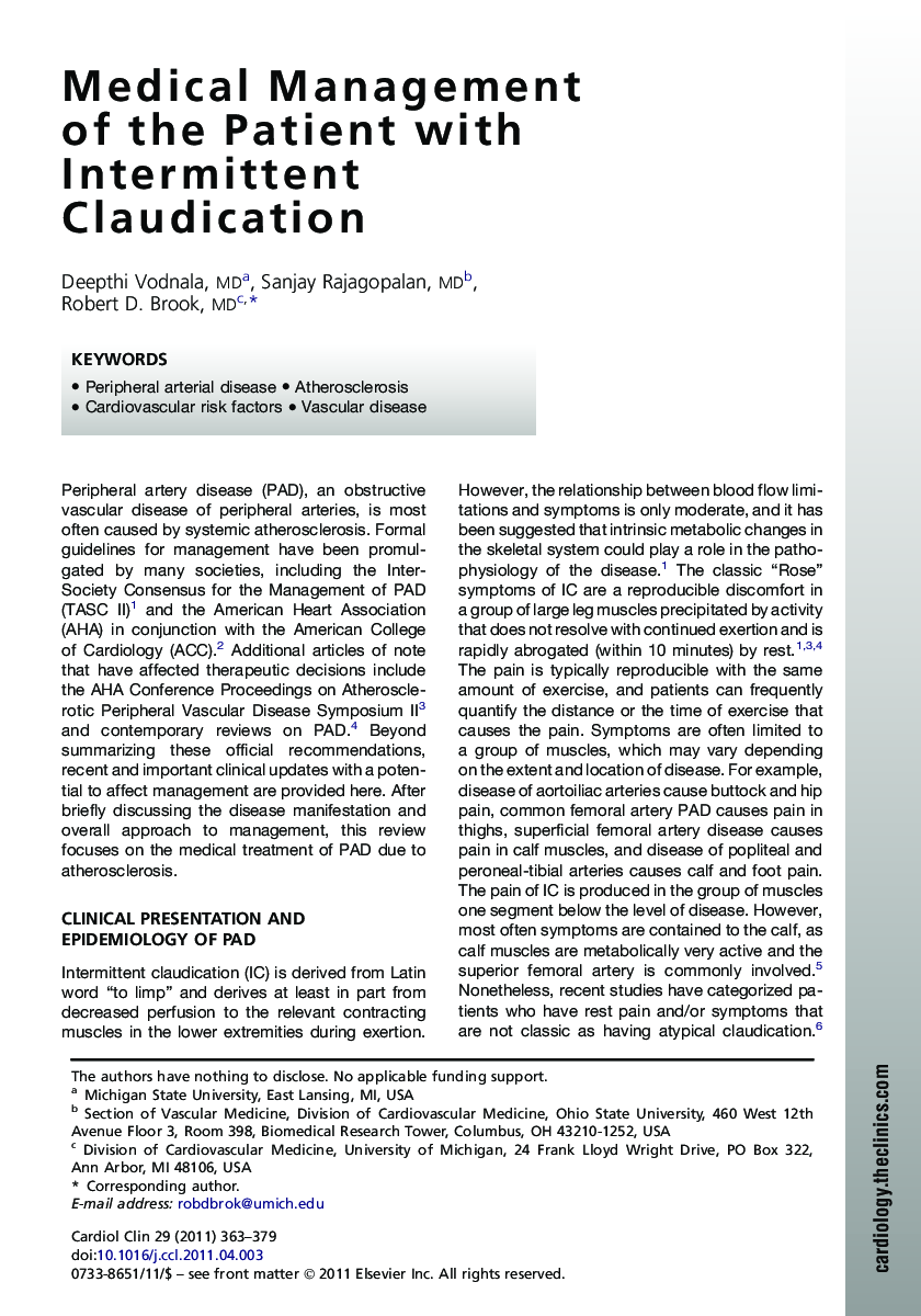 Medical Management of the Patient with Intermittent Claudication