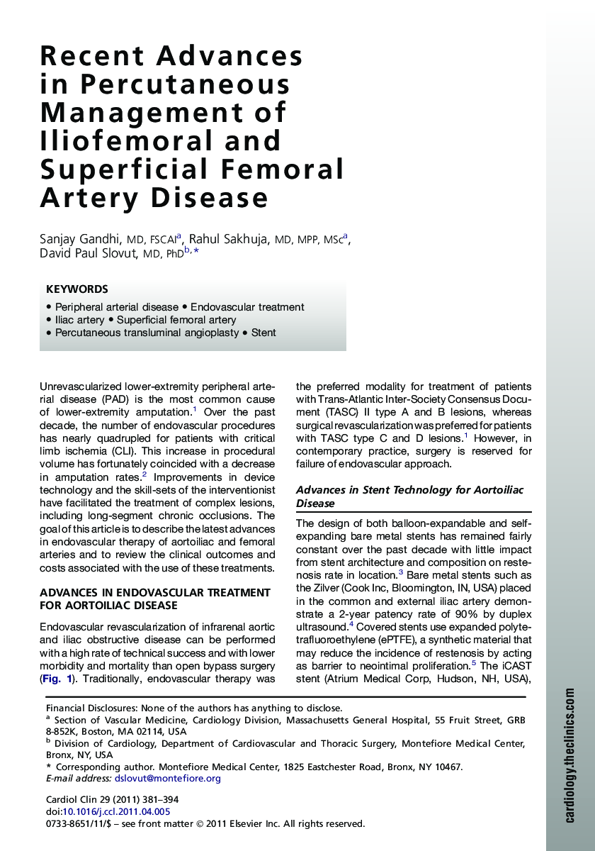 Recent Advances in Percutaneous Management of Iliofemoral and Superficial Femoral Artery Disease