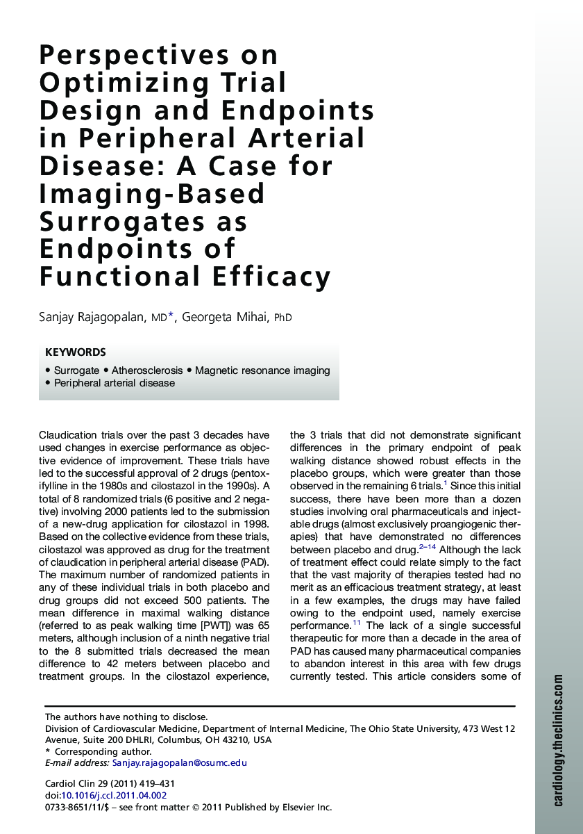 Perspectives on Optimizing Trial Design and Endpoints in Peripheral Arterial Disease: A Case for Imaging-Based Surrogates as Endpoints of Functional Efficacy