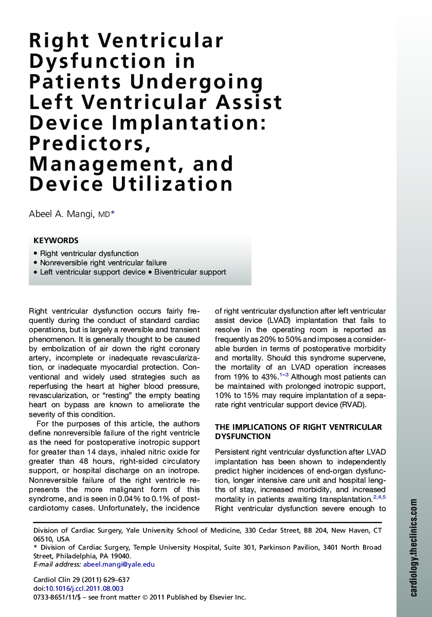 Right Ventricular Dysfunction in Patients Undergoing Left Ventricular Assist Device Implantation: Predictors, Management, and Device Utilization