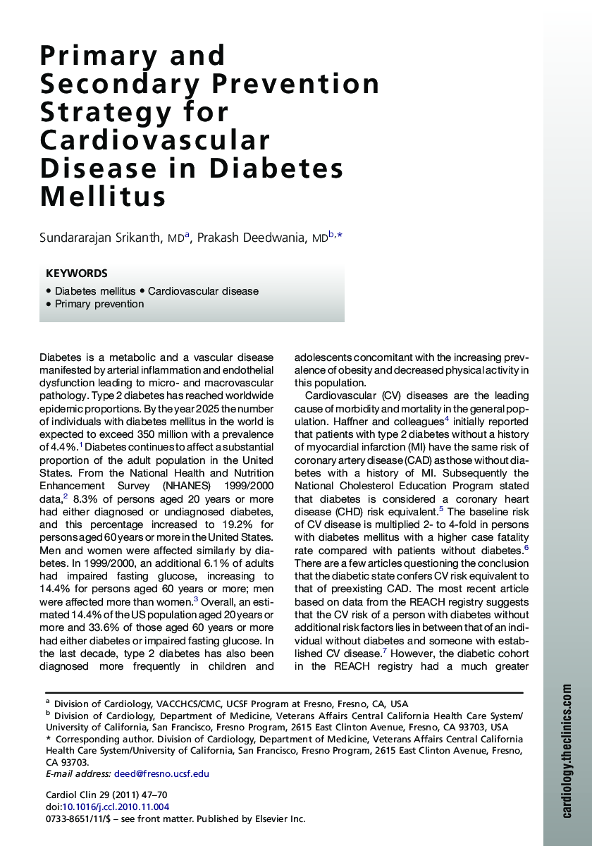 Primary and Secondary Prevention Strategy for Cardiovascular Disease in Diabetes Mellitus