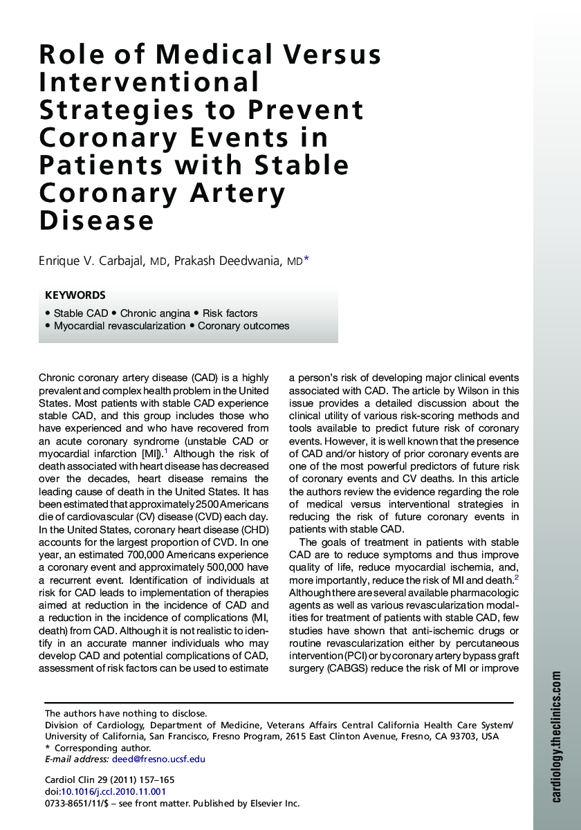 Role of Medical Versus Interventional Strategies to Prevent Coronary Events in Patients with Stable Coronary Artery Disease