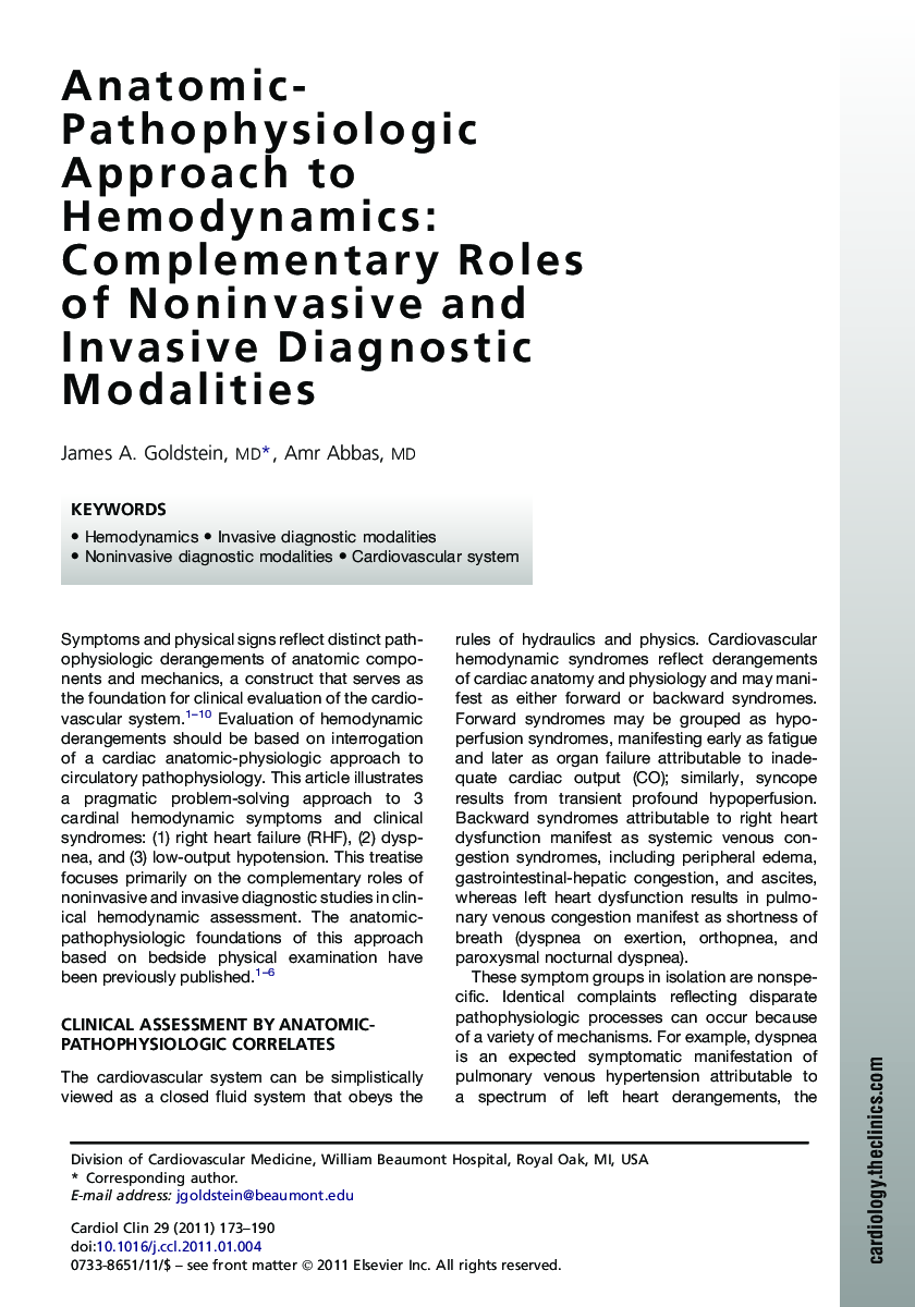 Anatomic-Pathophysiologic Approach to Hemodynamics: Complementary Roles of Noninvasive and Invasive Diagnostic Modalities