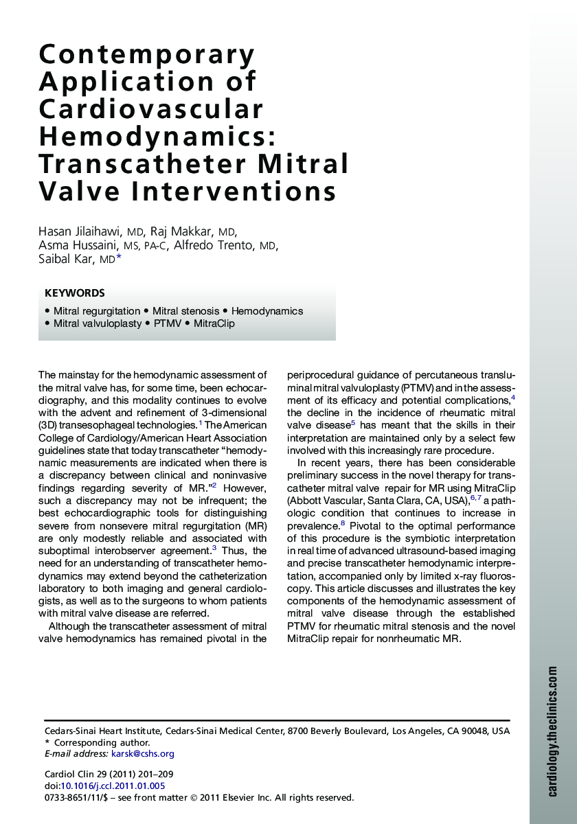 Contemporary Application of Cardiovascular Hemodynamics: Transcatheter Mitral Valve Interventions