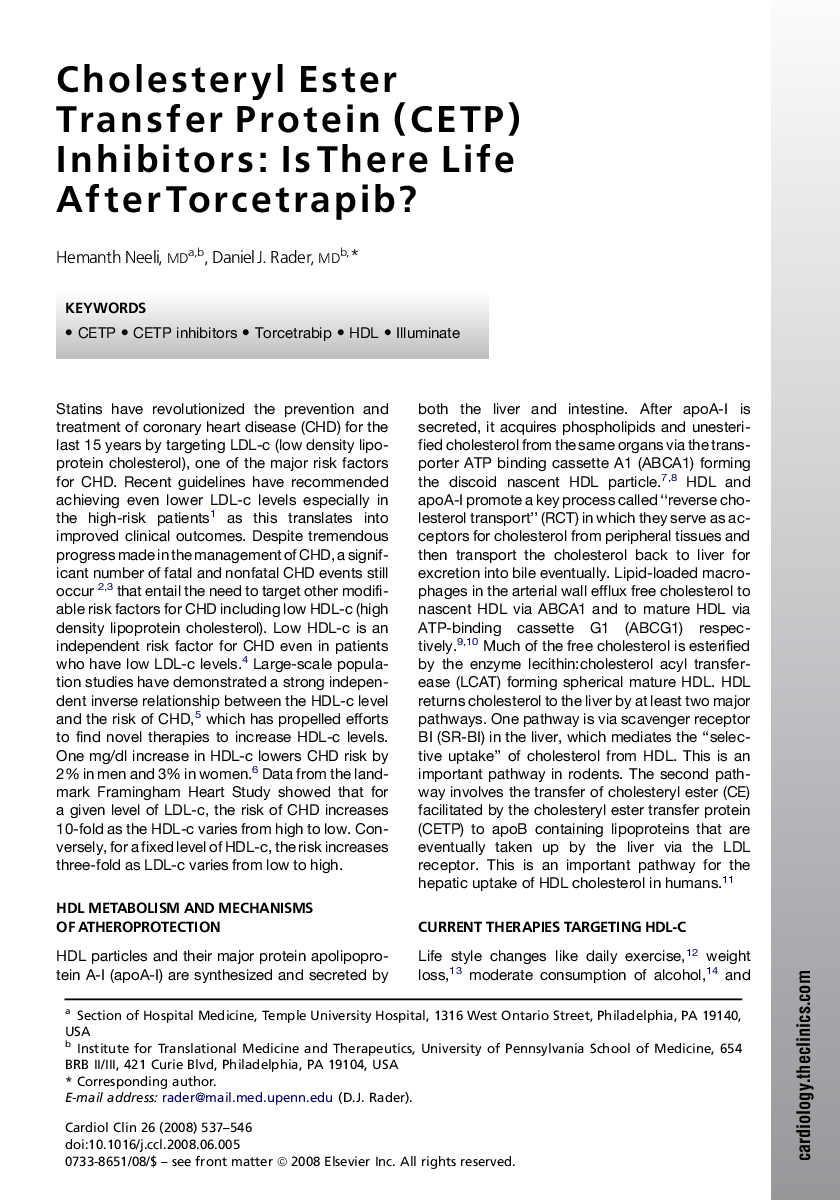 Cholesteryl Ester Transfer Protein (CETP) Inhibitors: Is There Life After Torcetrapib?